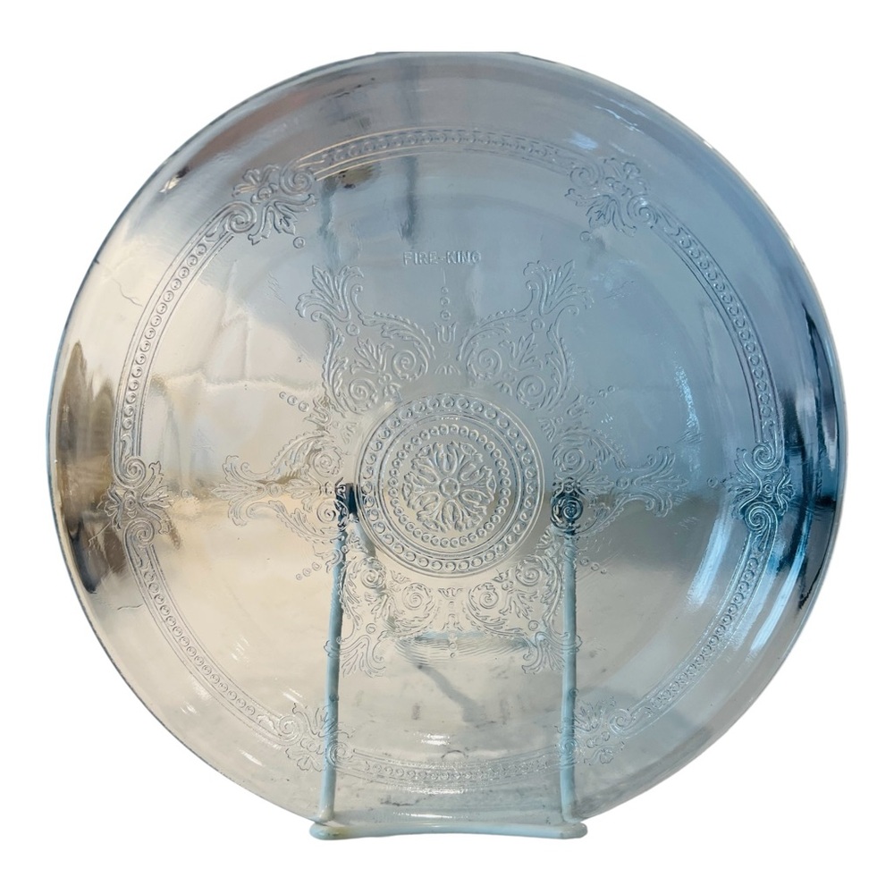 Vintage Fire-King Clear Glass 9” Pie Plate Ornate Scroll Medallion 1940s